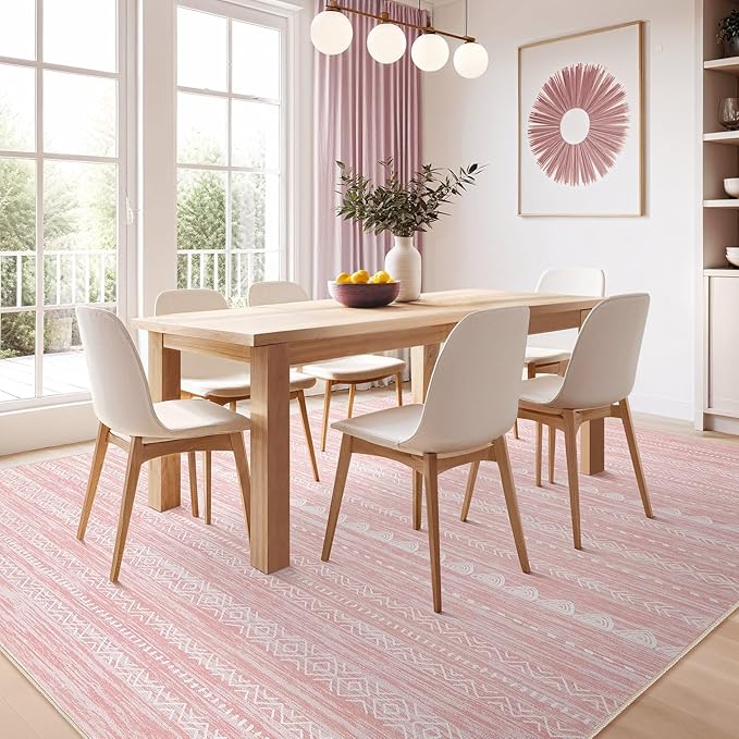 Nakagishi Pink Rugs for Bedroom Girls: 4x6 Washable Boho Large Neutral Area Rug Cute Soft Modern Indoor Floor Non Slip Accent Carpet for Living Room Nursery Kids Playroom Dorm Preppy Baby Room Decor