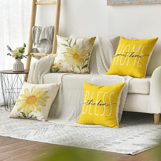 AVOIN colorlife Home Sweet Home Spring Summer Flowers Yellow Throw Pillow Covers, 20 x 20 Inch Cushion Case for Sofa Couch Set of 4