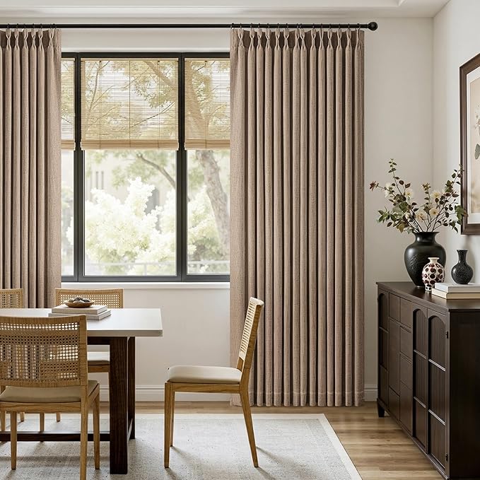 MIULEE Pinch Pleated Thick Linen Curtains 84 Inches Long 2 Panels for Living Room Bedroom, Memory Trained Pleat Drapes Back Tab Light Filtering Country Farmhouse Brown Burlap Curtains with Hooks&Rings