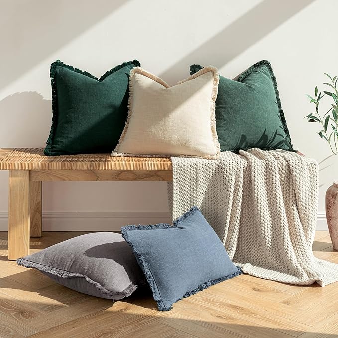 MIULEE Decorative Throw Pillow Covers Neutral Linen Fringe Throw Pillows Set of 2 Beige Boho Farmhouse Cushion Covers with Tassels for Couch Sofa Bed Living Room Spring Home Decor 16x16 Inch