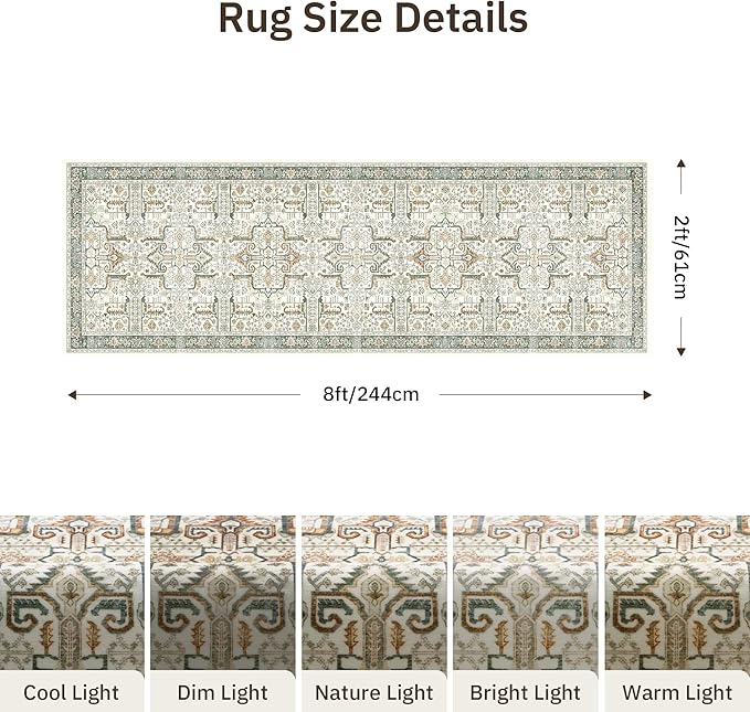 Washable 2x8 Runner Rug - Non Slip Vintage Kitchen Runner Rugs Low-Pile Distressed Long Rugs for Hallway Waterproof Indoor Carpet for Living Room Bedroom Entryway 2'x8' Green