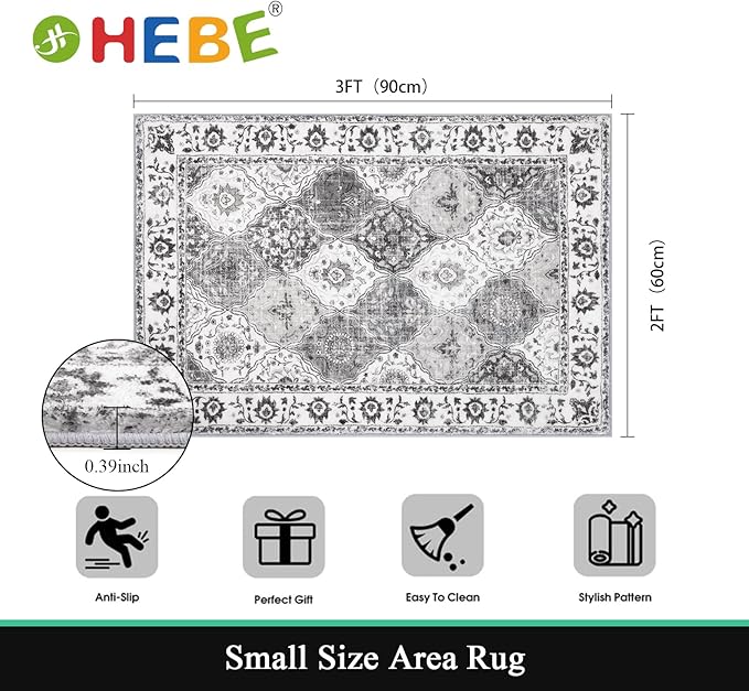 HEBE Washable Area Rug - 2'x3' Non Slip Soft Distressed Medallion Bedroom Boho Living Room Accent Throw Vintage Entry Floor Carpet for Dining Room Bathroom Entryway