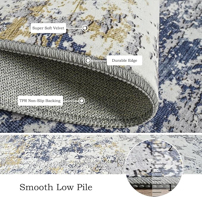 Toneed Abstract Area Rug Modern Washable Rug Soft Non Slip Rug Low Pile for Bedroom Living Room Dining Room Blue 5x7 Feet