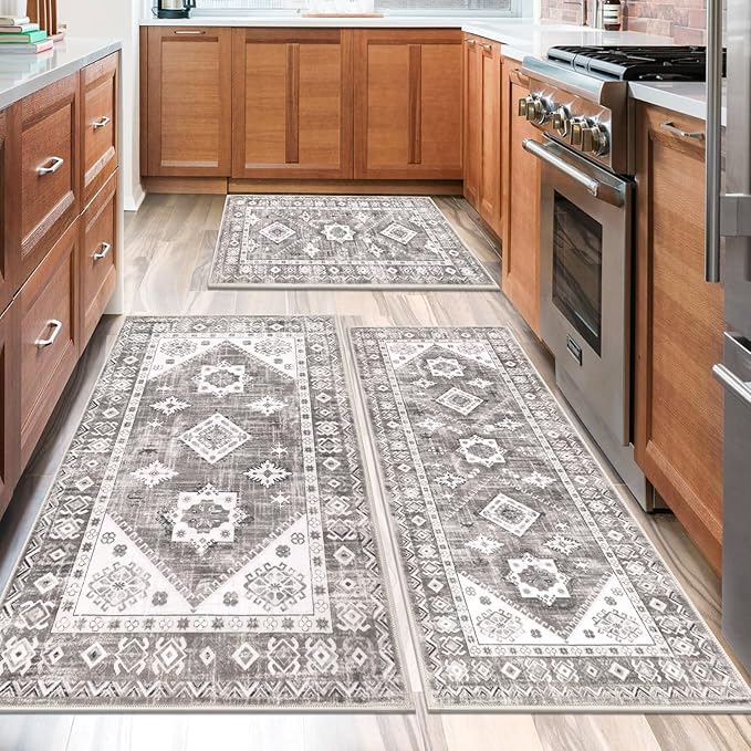 HEBE Boho Kitchen Rug Sets 3 Piece with Runner Non Slip Kitchen Rugs and Mats Washable Kitchen Mats for Floor Thick Kitchen Floor Mat Carpet Runner Rugs for Hallway Laundry Holiday Decor