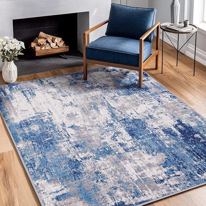 Washable Area Rugs 4'x5' Non-Slip Modern Abstract Soft for Living Room Entryway Bedroom Nursery, Print Pattern, Blue Grey Navy Gray