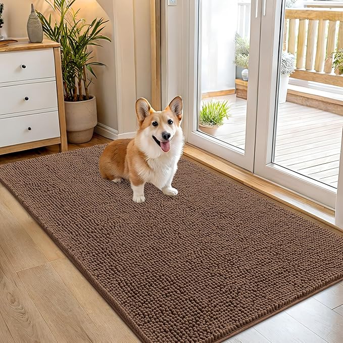 OLANLY Dog Door Mat for Muddy Paws 54x32, Absorbs Moisture and Dirt, Absorbent Non-Slip Washable Doormat, Quick Dry Chenille Mud Mat for Dogs, Entry Indoor Entryway Carpet for Inside Floor, Mocha