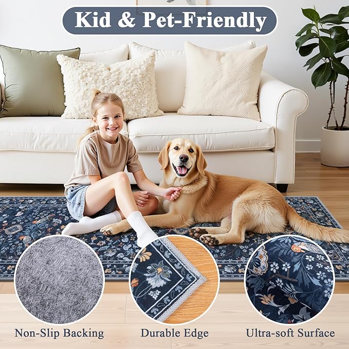 HEBE Washable Hallway Runner Rug 2'x 6' Non Slip Kitchen Rugs Runner,Low Pile Entryway Rug Laundry Room Mat Floral Carpet Runners for Hallways, Kitchen,Bathroom,Laundry,Bedside Rug
