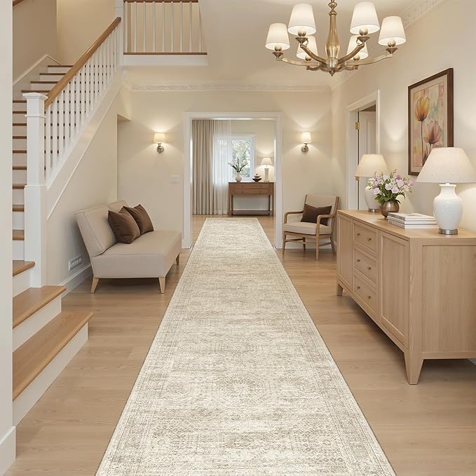 Soalmost Runner Rug 2'6" x 14' Washable Non-Slip Runner Rugs for Kitchen Bathroom Laundry Room Vintage Ultra Thin Runners for Hallway Entryway Beige