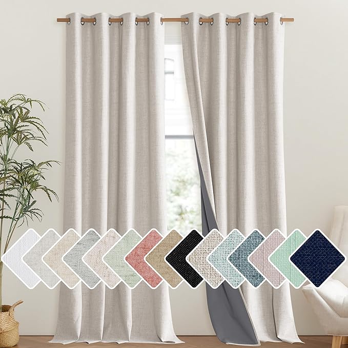 NICETOWN Brich Vintage Open Linen Weave Flax Thermal Curtains, 100% Blackout Curtains 95" Long for Dining Room, Soundproof Window Treatment Drapes for Bedroom, 52" Wide Per Panel, Set of 2