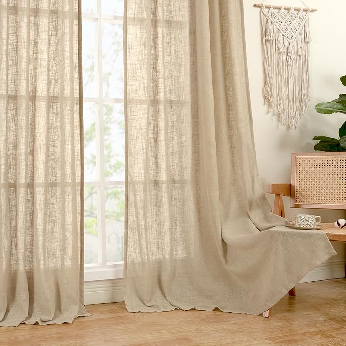 LAMIT Linen Blended Curtains for Bedroom, Faux Linen Textured Light Filtering Drapes Back Tab and Rod Pocket Boho Burlap Panels for Farmhouse/Living Room, 2 Panels, 52 x 80 Inch, Brown