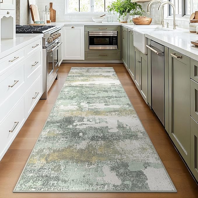 BEIMO Runner Rug for Hallway Kitchen, 2x5 Machine Washable Runners Rug for Entryway, Soft Modern Abstract Throw Rugs, Low Pile Floor Cover with Non Slip Backing, Light Green