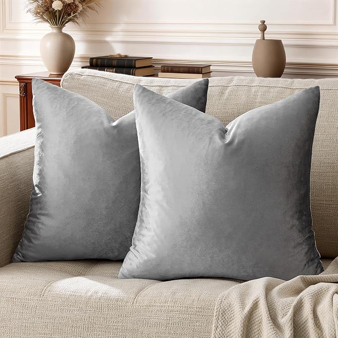 GIGIZAZA Dark Grey Pillow Covers 18x18,Velvet Square Throw Pillows Modern Covers Pack of 2 Decorative Pillows for Living Room Couch Sofa Luxury Solid Pillow Cases