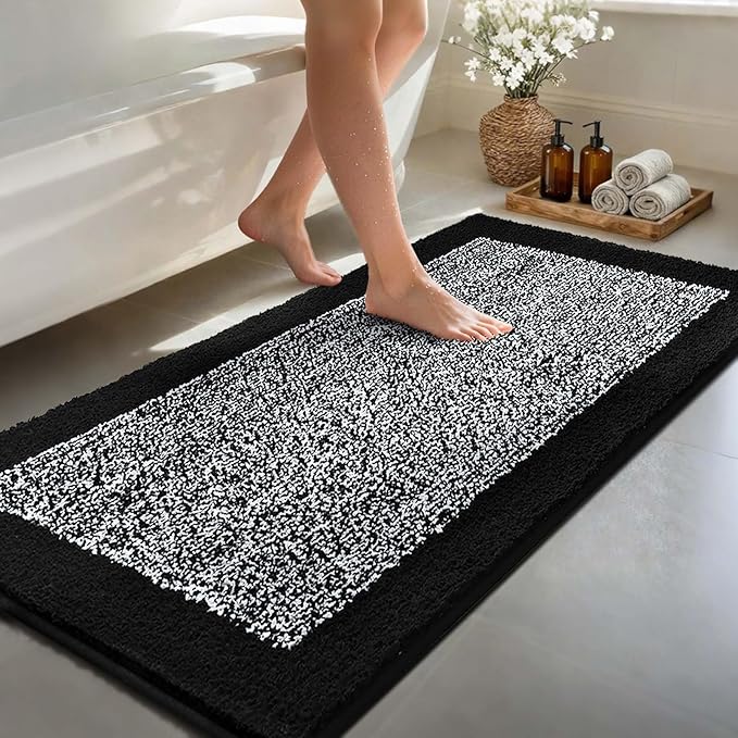 48x24 Long Bathroom Rugs Washable Non Slip, Black Bath Mat for Bathroom Floor Tub, Soft Absorbent Quick Dry Mats for Shower,Bathtub,Home Decor
