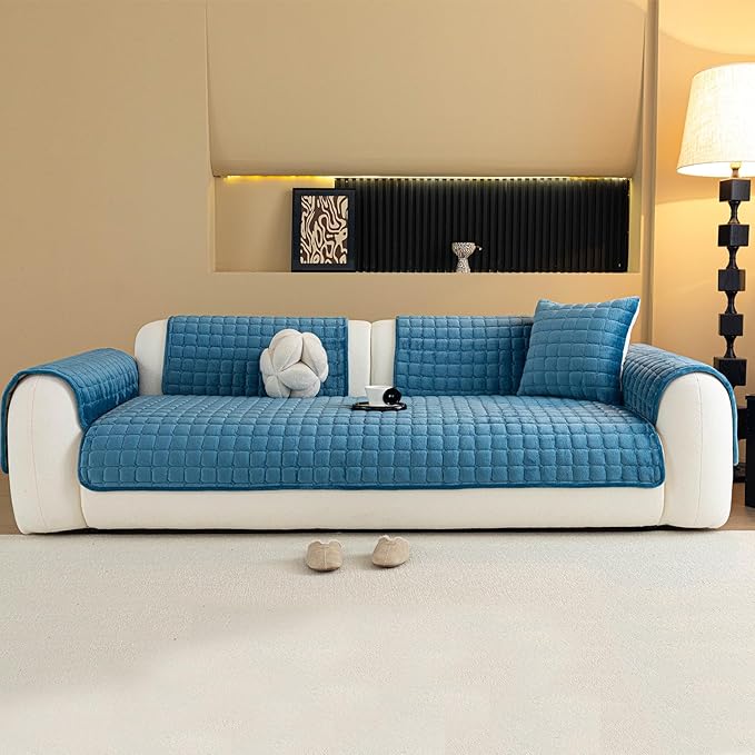 Velvet Couch Cover, Plush Sectional Sofa Cover Washable, Anti Slip Sofa Slipcover for 3-4 Cushions Sofas, Furniture Protector Covers for Pets & Kids(1PC, Black, 35.4"×82.6", 3-4 Seater)
