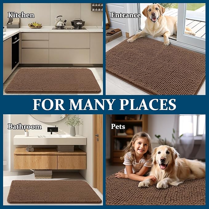 OLANLY Dog Door Mat for Muddy Paws 70x32, Absorbs Moisture and Dirt, Absorbent Non-Slip Washable Doormat, Quick Dry Chenille Mud Mat for Dogs, Entry Indoor Entryway Carpet for Inside Floor, Mocha
