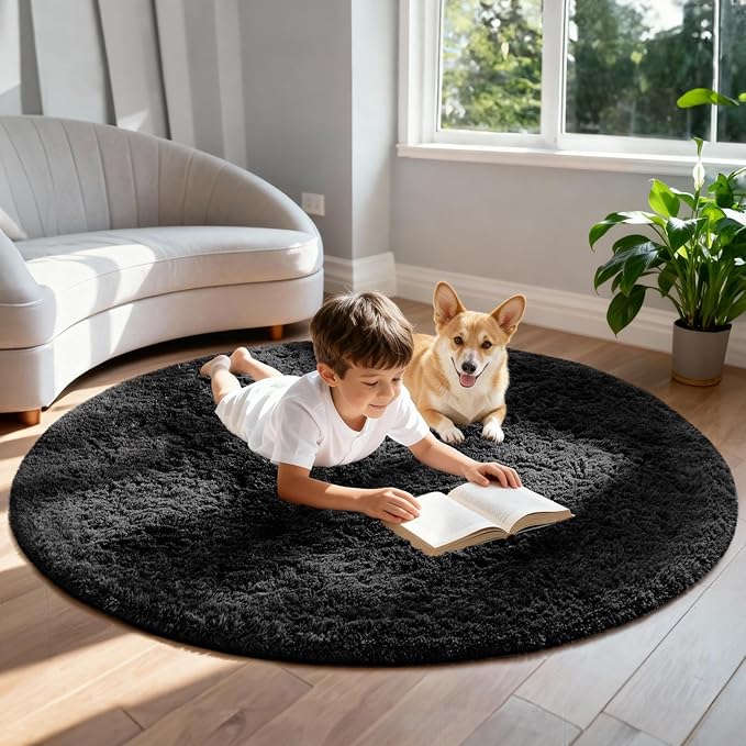 Ophanie Round Rug 5Ft Black Circle Area Rug, Room Decor for Men, Fluffy Fuzzy Bedroom Carpet, Plush Soft Shaggy Living Room Rugs for Kids Home Decor Aesthetic, Nursery