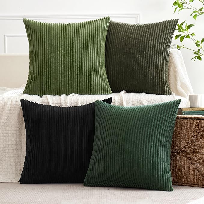 MIULEE Boho Farmhouse Throw Pillow Covers 18x18 Inch Set of 4 Mordern Neutral Green Cushion Covers Soft Corduroy Nordic Home Decor for Spring Couch Bed Sofa Living Room Green-Black