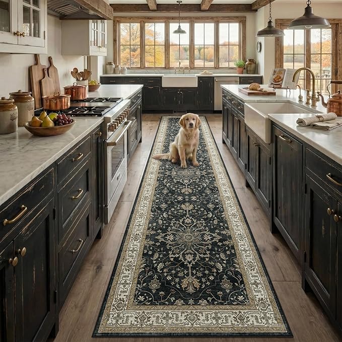 Area Rugs 2'x10' Runner Rug Non Slip Washable for Kitchen Hallway Bedroom Beside Laundry Room Bathroom Rug, Floor Carpet, Vintage Black Brown Neutral