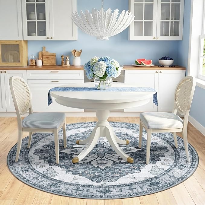 Area Rugs 6ft Washable Non-Slip, Floral Vintage Distress Print Pattern Medallion Carpet for Living Room Bedroom Dining Room, Light Gray Grey White