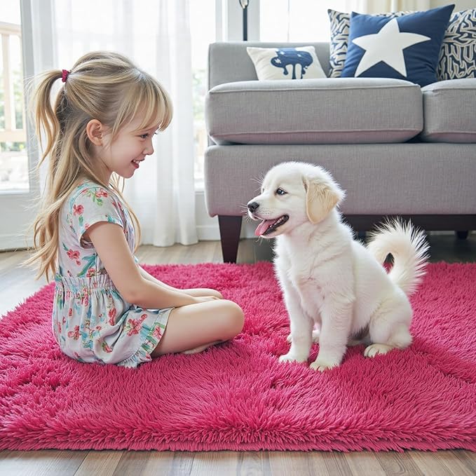 Rugs for Bedroom 4x6, Alfombras para Salas Shag Large Plush Soft Area Rug, Shaggy Carpets for Livingroom, Kids Boys Girls Home Decor Aesthetic(Hot Pink, 4 x 6)