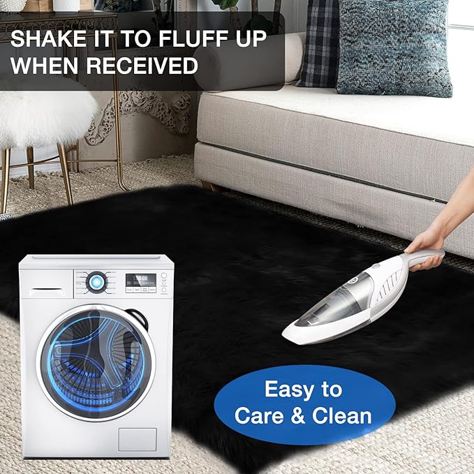 duduta Black Faux Sheepskin Fur Rug 3x5 ft, Fluffy Shag Bedroom Dorm Nursery Playroom Carpet Rug Non Slip Washable