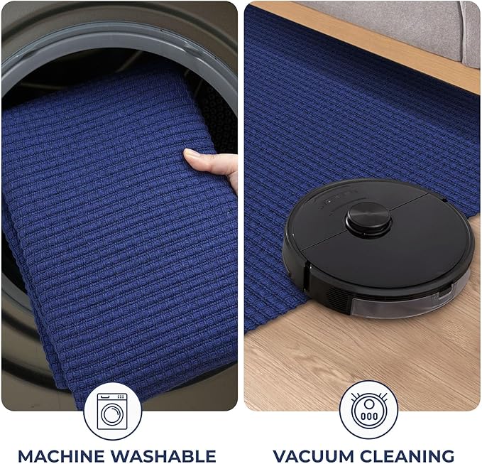KOZYFLY Runners for Hallways 2.6x8 ft Washable Kitchen Runner Non Slip Rubber Backed Hall Runners Cotton Entryway Runner Rugs Floor Carpet for Indoor Backdoor Bedroom Kitchen, Royal Blue/Navy