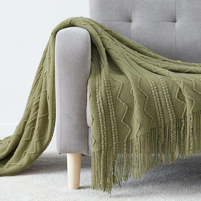 BOURINA Dark Olive Throw Blanket 50x60 Inches Throw Textured Solid Soft Sofa Couch Decorative Knit Blanket