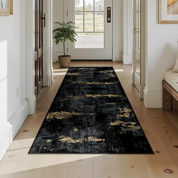 Washable Area Rugs 3x7 Non-Slip Modern Abstract Soft for Living Room Entryway Bedroom Nursery, Print Pattern, Dark Black Gold