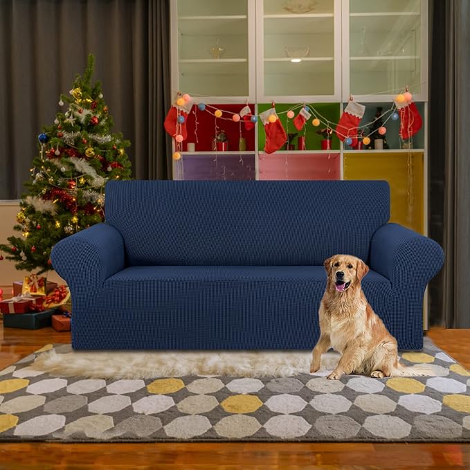 KEKUOU Stretch Loveseat Sofa Cover Slipcover,Couch Covers for 2 Cushion Couch Sofa (55"-78") Furniture Protector Sofa with Elastic Bottom for Kids,Dog. Jacquard Small Checked (Medium,Navy Blue)