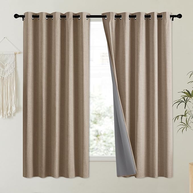 NICETOWN Burlap Vintage Open Linen Weave Flax Thermal Curtains, 100% Blackout Curtains 63" Long for Dining Room, Soundproof Window Treatment Drapes for Dorm Room, 62" Wide Per Panel, Set of 2