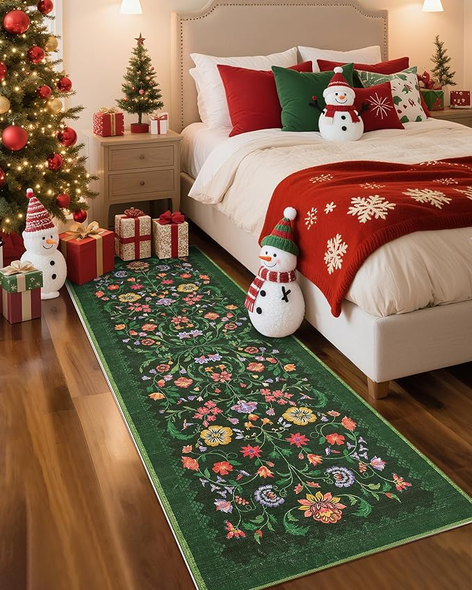 GarveeHome Floral Rug 2.5x10 Runners for Hallways, Boho Kitchen Runner Rugs Non Slip Bath Runners, Vintage Washable Runner Rug for Bedroom, Soft Long Rugs for Entryway Bathroom Laundry Dorm, Green