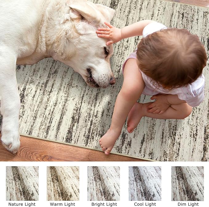 Lansny Modern Abstract Runner Rug, 2x6 Feet, Beige, Faux Wool, Machine Washable, Non-Slip, Soft, Kid & Pet Friendly
