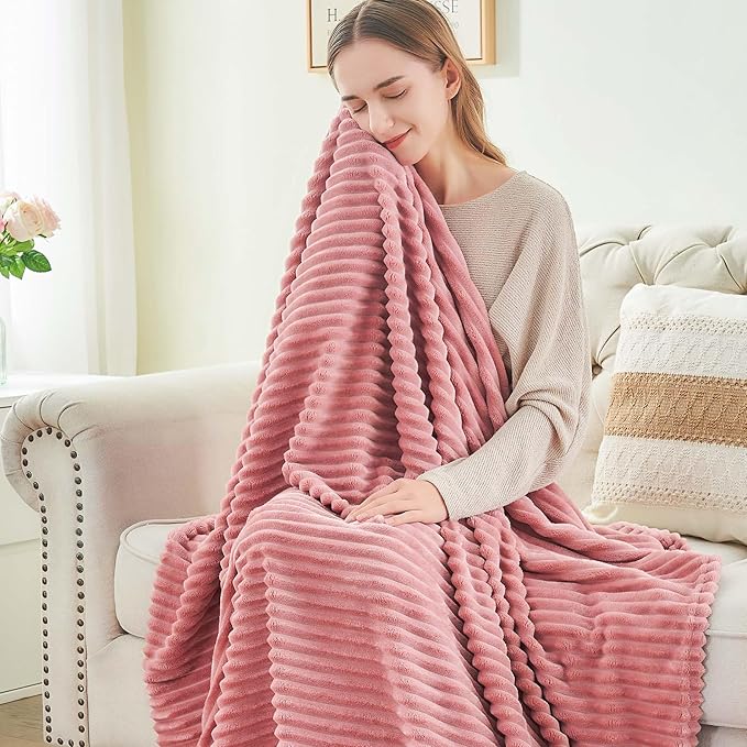 BEDELITE Fleece Blanket Twin Size – 3D Ribbed Jacquard Soft and Warm Decorative Fuzzy Blankets – Cozy, Fluffy, Plush Lightweight Throw Blankets for Couch, Bed, Sofa(Pink, 60x80 inches)