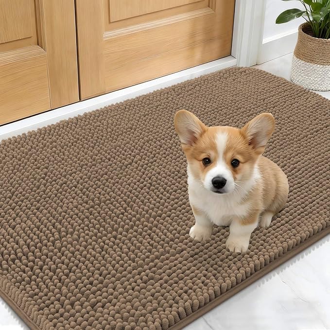 OLANLY Dog Door Mat for Muddy Paws 30x17, Absorbs Moisture and Dirt, Absorbent Non-Slip Washable Doormat, Quick Dry Chenille Mud Mat for Dogs, Entry Indoor Entryway Carpet for Inside Floor, Tan