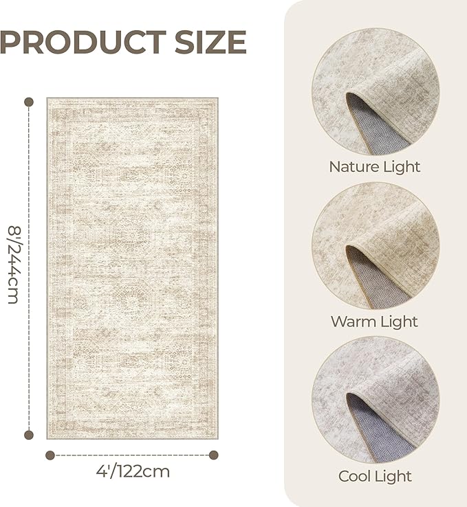 4x8 Rug for Bedroom,Wide Runner Rug for Hallway, Non Slip Washable Runner Rug for Living Room, Low Pile Soft Entryway Kitchen Rug, Modern Home Decor Mat for Dining Room(4'x8', Beige/Ivory)