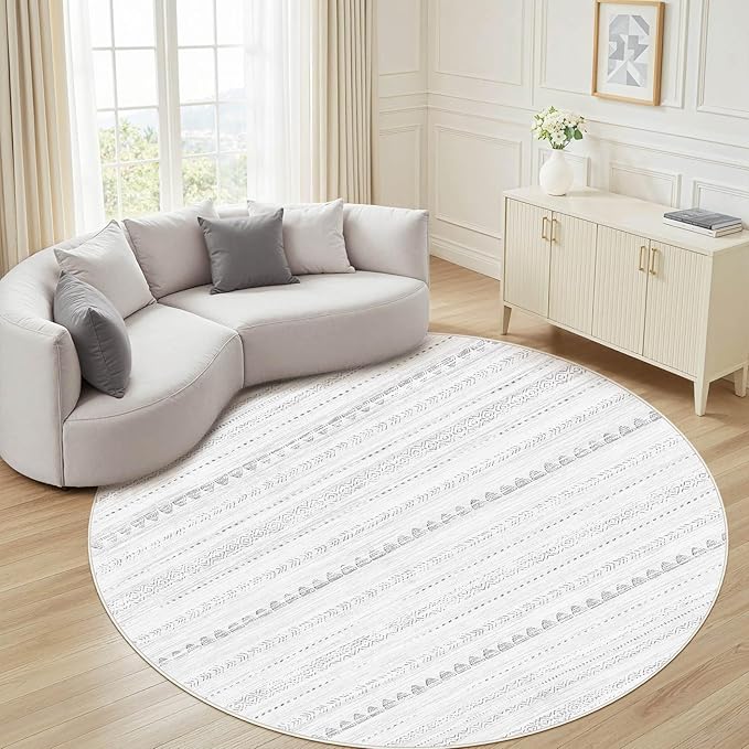 Nakagishi Round Rug Boho Area Rugs: 5x5 Washable Large Circle Neutral Soft Stain Resistant Non-Slip Carpet for Women Aged 25-45 Farmhouse Decor Enthusiasts - Living Room Bedroom Dining Room Nursery