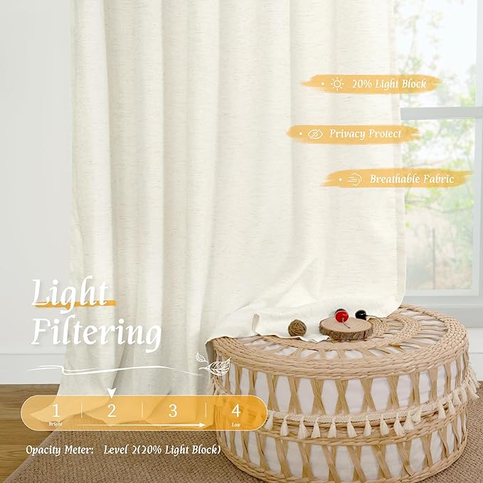 LAMIT Natural Linen Curtains 63 Inch Length for Bedroom, Light Filtering Semi Sheer Living Room Panels Farmhouse Boho Rod Pocket Privacy Drapes for Livingroom, 2 Panels (42 x 63 Inch, Cream)