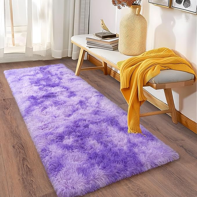 Soft Runner Rugs for Bedroom Hallways, 2x6 Tie-Dyed Purple Fluffy Shag Throw Area Rug Non Slip for Bedside Dorm, Long Shaggy Furry Carpet for Nursery Living Room