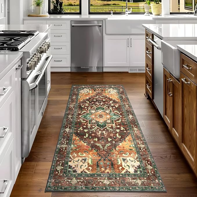 Yamaziot Washable Runner Rug, 3x6 Non-Slip Boho Vintage Hallway Rug with Rubber Backing, Low Pile Faux Wool Distressed Carpet Runner for Bedroom, Kitchen, Laundry, Entrance
