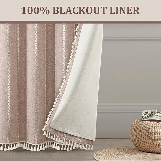 Taupe Boho Blackout Curtains 2 Panels 84 Inch for Living Room Bedroom, Blush Beige Warm Linen Texture Farmhouse Curtains with Tassels and White Cotton Embroidery Vintage Rustic Country Western