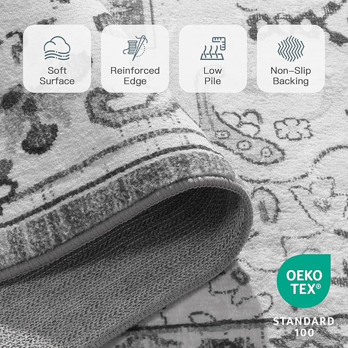 Lofus 8x10 Area Rugs for Living Room, Washable Area Rug, Rugs for Bedroom, Kitchen, Vintage Boho Carpet, Soft Non-Slip, Low Pile Large Area Rug for Office Dining Room, Floral Grey