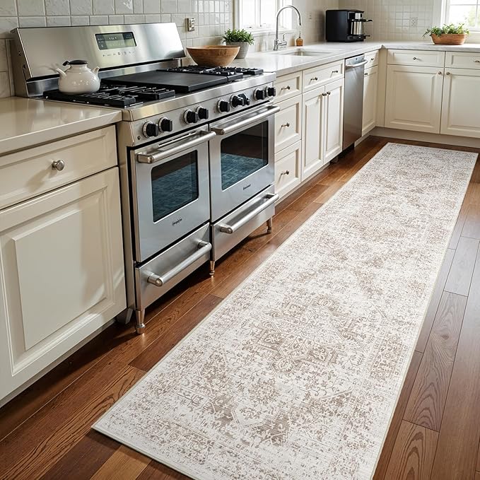 3x12 Washable Hallway Runner Rug - Non Slip Kitchen Runner Rugs with Rubber Backing Vintage Low-Pile Carpet Runners for Entryway Dining Room Laundry Room Home Decor (Cream/Camel)