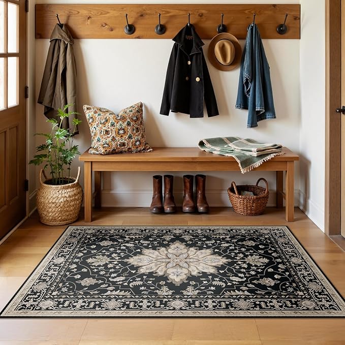 RELEANY Area Rugs 3'x5' Washable Non-Slip, Floral Vintage Distress Print Pattern Medallion Carpet for Living Room Bedroom Dining Room, Black Brown Neutral Dark Tan