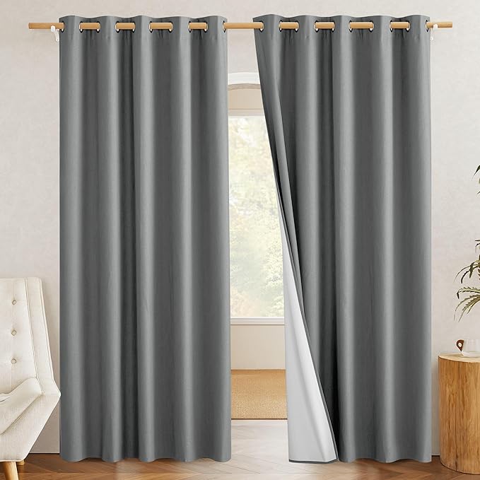 NICETOWN 100% Absolutely Blackout Linen Curtains with Thermal Insulated White Liner, 62" Wide, 2 Panels, 84" Long Drapes, Grommet Retro Dove Grey Linen Curtains Vertical Drapes Privacy for Bedroom