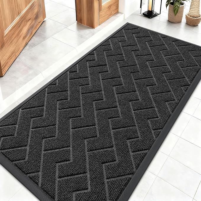 OLANLY Front Door Mat Indoor Outdoor Entrance, Waterproof All-Season, All-Weather Doormat, Sturdy Natural Rubber, Low Profile, Easy Clean Patio Porch Entryway Mat, Herringbone Brick (Black, 47x23)