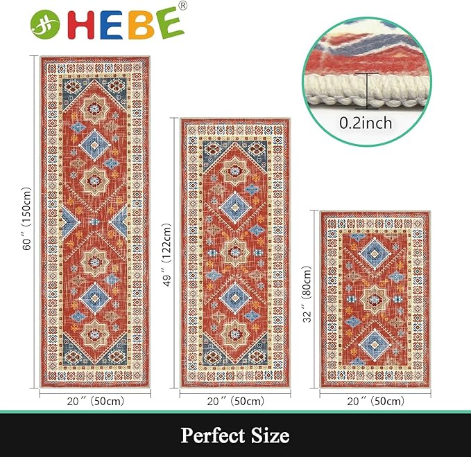 HEBE Boho Kitchen Rug Sets 3 Piece with Runner Non Slip Kitchen Rugs and Mats Washable Kitchen Mats for Floor Thick Kitchen Floor Mat Carpet Runner Rugs for Hallway Laundry Holiday Decor