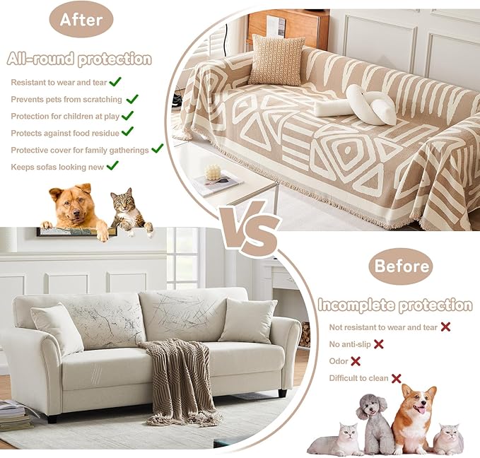 HANDONTIME Sofa Covers for Sectional Sofa Set Boho Couch Cover for Dogs Khaki Throw Couch Cover with Tassel Loveseat Covers Futon Cover L Shaped Cover Washable Chenille Couch Protector, 91" X118"