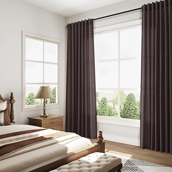 Cocoa Coffee Curtains 63 Inches Long 2 Panel Sets for Living Room Bedroom, Light Filtering Linen Drapes for Kitchen Windows Rod Pocket or Back Tab Curtain,Semi Sheer 52x63