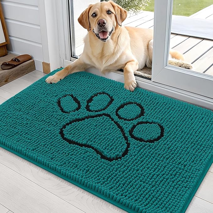 OLANLY Dog Door Mat for Muddy Paws 36x24, Paw Print Design, Absorbs Moisture and Dirt, Absorbent Non-Slip Washable Doormat, Quick Dry Chenille Mud Mat for Dogs, Entry Indoor Entryway Carpet, Lake Blue