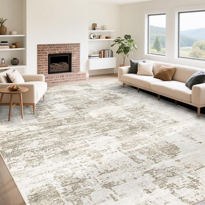 XLUEZ 9x12 Area Rug for Living Room, Washable Modern Abstract Large Area Rug Neutral Soft Non Slip Kids Rug Stain Resistant Indoor Carpet for Bedroom Dining Room Playroom Office(BeigeBrown, 9'x12')